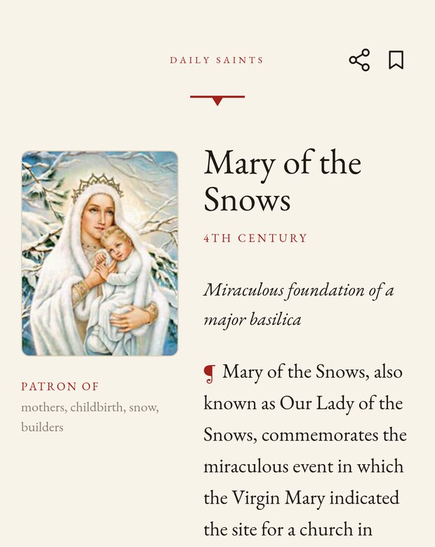 The Today screen, showing the day's saint with image, era and story in a missal style