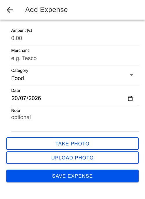 The add-expense form with amount, merchant, category, date and note fields